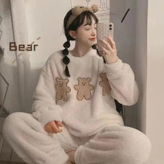 Korean Kawaii Girls Winter Warm Flannel Thick Pajama Set Women 2 Pieces Coral