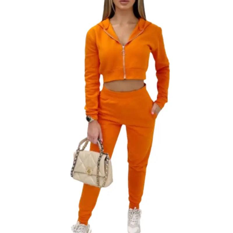 Lara Orange track suit with 2 front pockets zip up hoodie with draw string tight fit