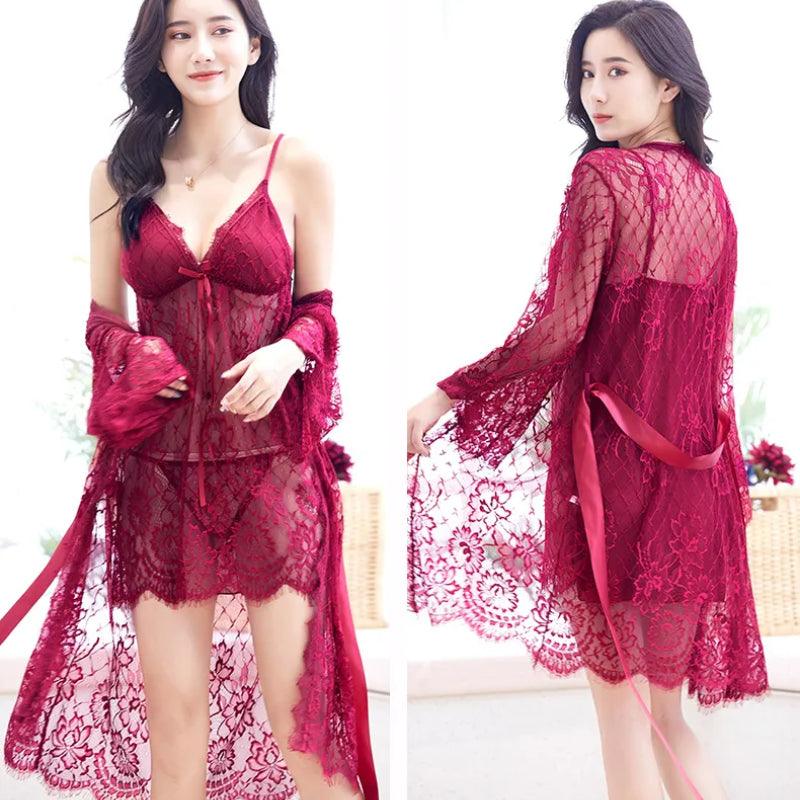 Sexy Lace Lingerie sheer robe for Women-3pc|Honeymoon Bridal Sexy ladies nighty