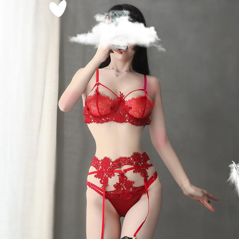 Sexy Lingerie Ladies Water-Soluble Flower One-Piece Three-Point Suit Bra Panty Garter Hollow Temptation