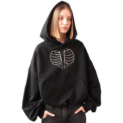 Trendy Skeleton Rhinestone Loose Hooded Sweater