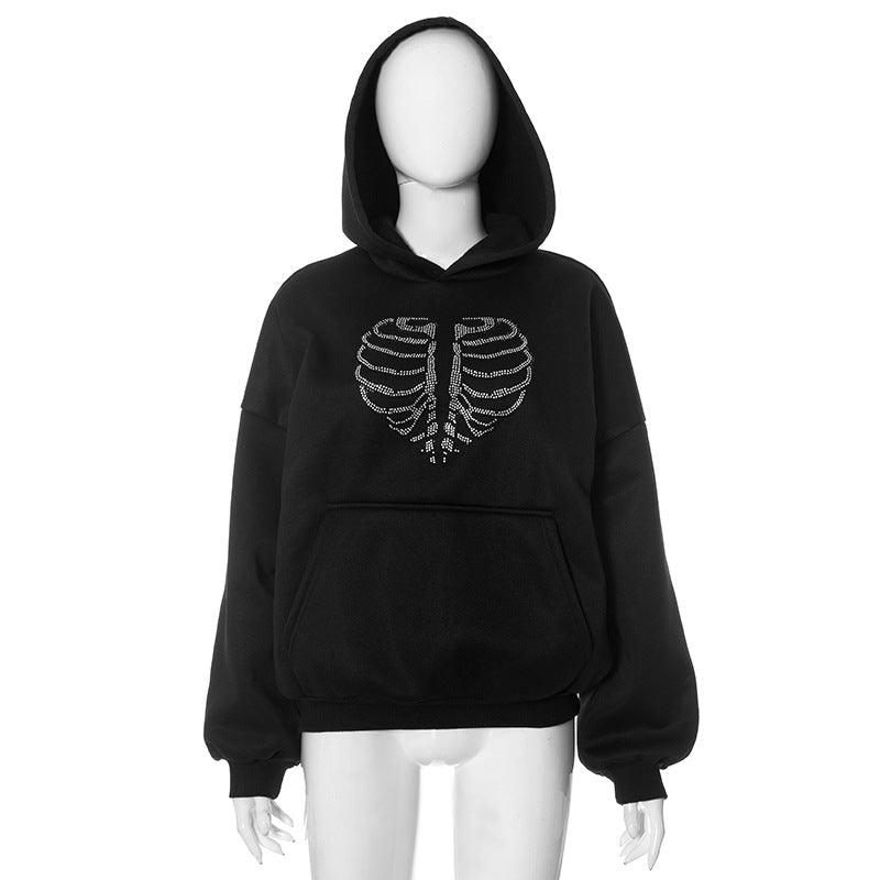 Trendy Skeleton Rhinestone Loose Hooded Sweater