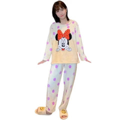 Women Night Suit Set Polka Dots Printed| Coral Velvet hickened Cartoon Stickers Wear Suit