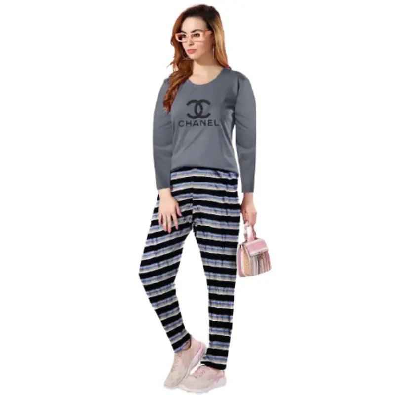 Women's Print Long Sleeve Loosey Goosey Tee & Pajama Pants Set in Snowy Stripe