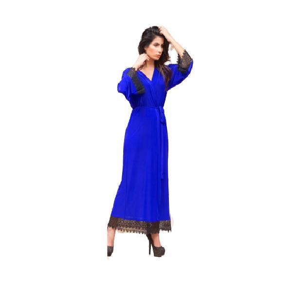 3Pc Luxury Bridal Long Night Gown Set-Blue