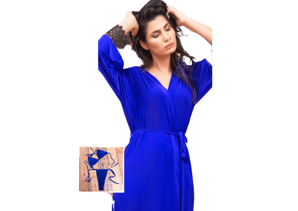 3Pc Luxury Bridal Long Night Gown Set-Blue