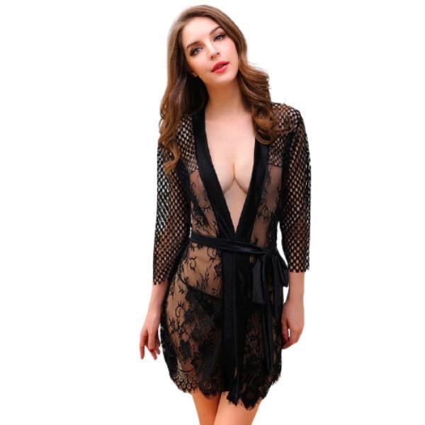 Beautiful Nightgown and Robes Full Front Open Nighty for Women Transparent Black Nighty