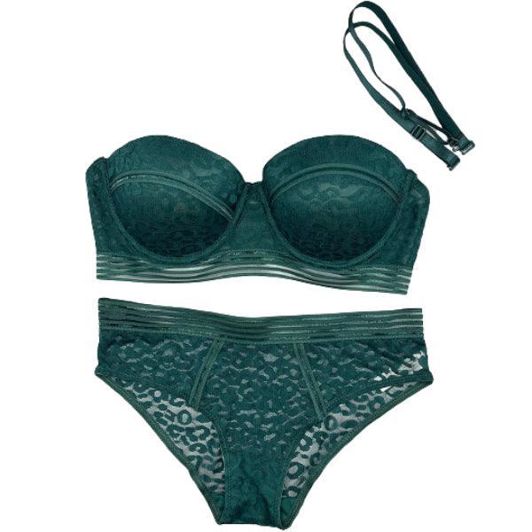 Bra Panty Set For Women Sparkle Lace Padded Removable Straps Bra Set