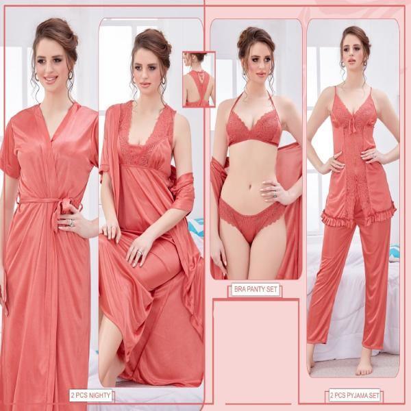 Branded Indian Silk Bridal Nighty Set 6pc For Women