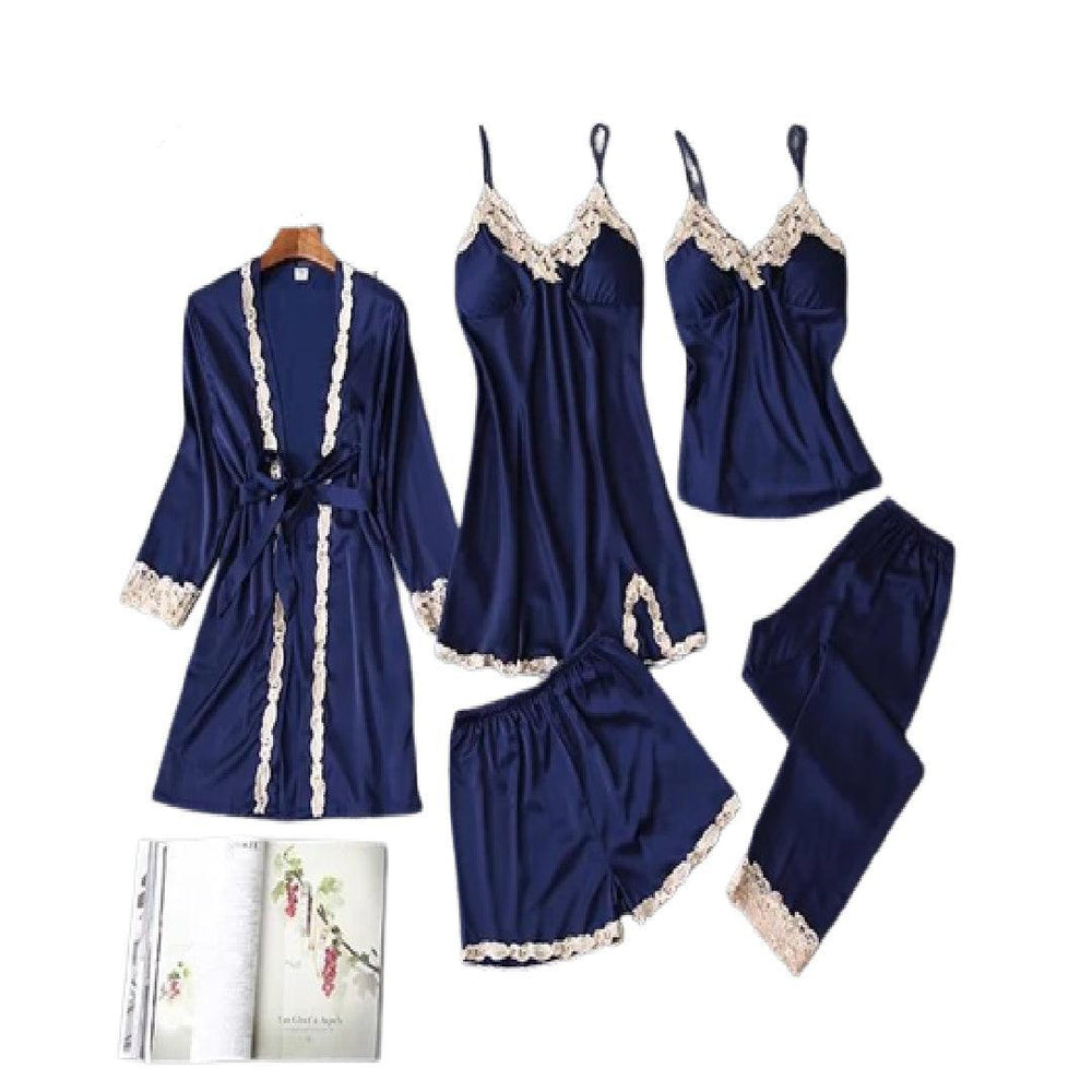 Bridal Nighty Set Women Lace Silk Print Set Sleepwear 5Pcs Nightwear Set for Women
