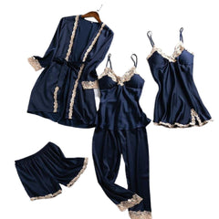Bridal Nighty Set Women Lace Silk Print Set Sleepwear 5Pcs Nightwear Set for Women