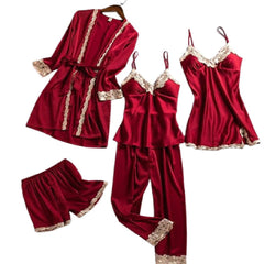 Bridal Nighty Set Women Lace Silk Print Set Sleepwear 5Pcs Nightwear Set for Women