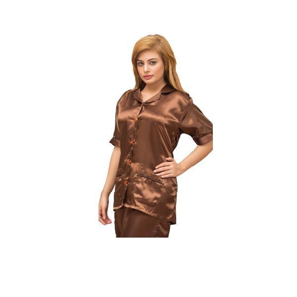 Brown Silk Nightdress For Women | Ladies Front Open Shirt and Trouser Set | Girls Silky Nightwear