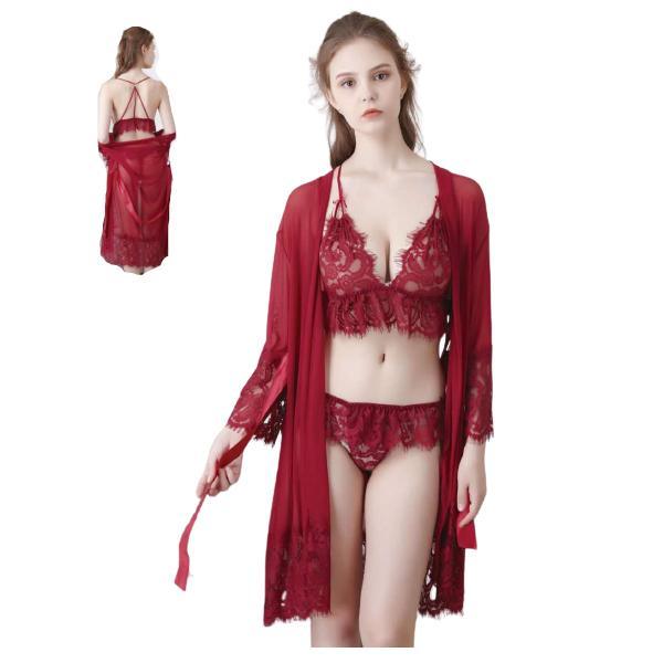 Comfortable lingerie Fancy Net Nightgown Robe With Bra Set- –