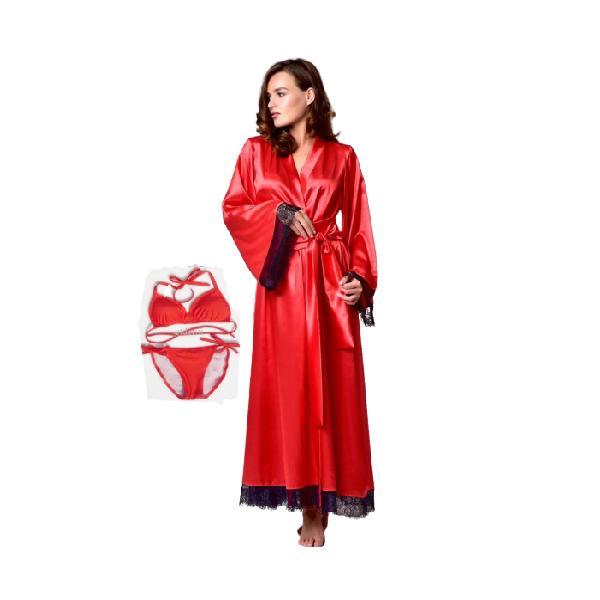 Full Length Nightgown and Robe set 3Pc Nighty Dress for Bridal Silk Nightwear