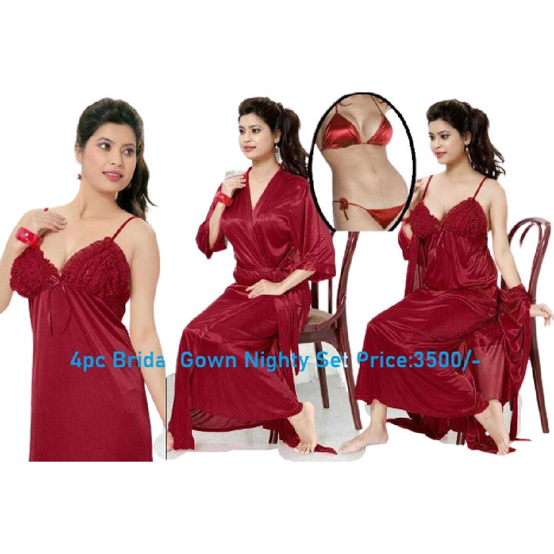 Honeymoon Nighty Maroon Silk Nighty Set Bridal Long Silk Night Gown Set Loungewear for Women