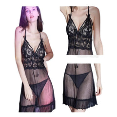 Honeymoon Sheer Net Nighty for Ladies 2Pc Babydoll transparent Net Nightwear with G String Panty