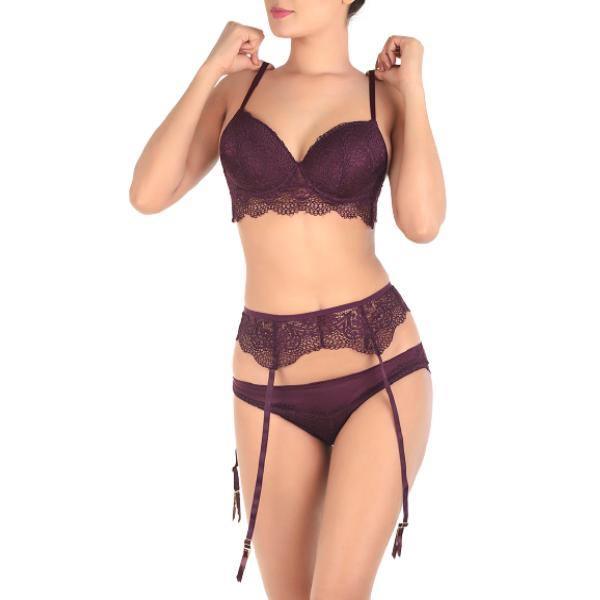 Lace Push Up Bra Set With Garter Belt-fig For Women