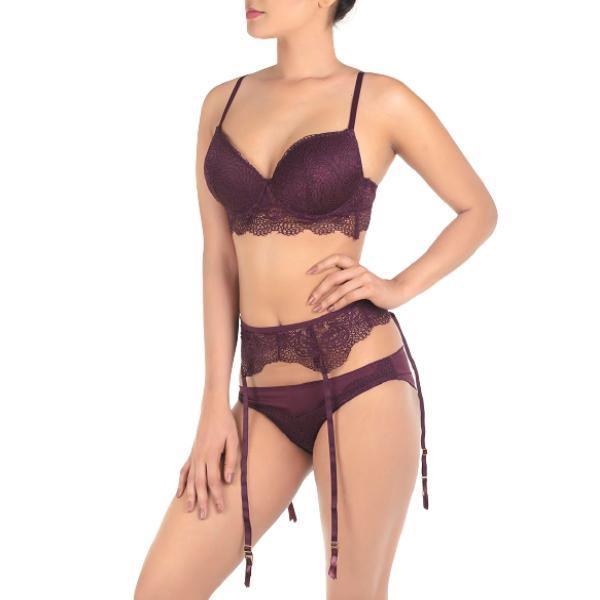 Lace Push Up Bra Set With Garter Belt-fig For Women