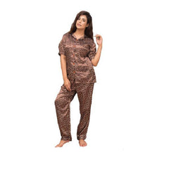 Ladies Comfortable Sleepwear 2 Pc Polka Dots Silk Night Dress For Women-Brown