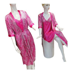 Ladies Loungewear Front Open Nighty 2 Pcs Cheetah Print Silk Night Gown
