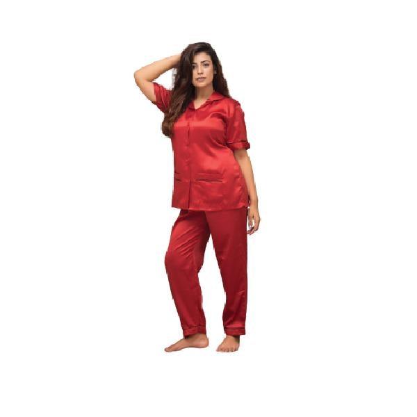 Ladies Maroon Nightwear | Bridal Front Open Shirt & Pajama Set Nightdress | Girls Hot Silky Nightwear