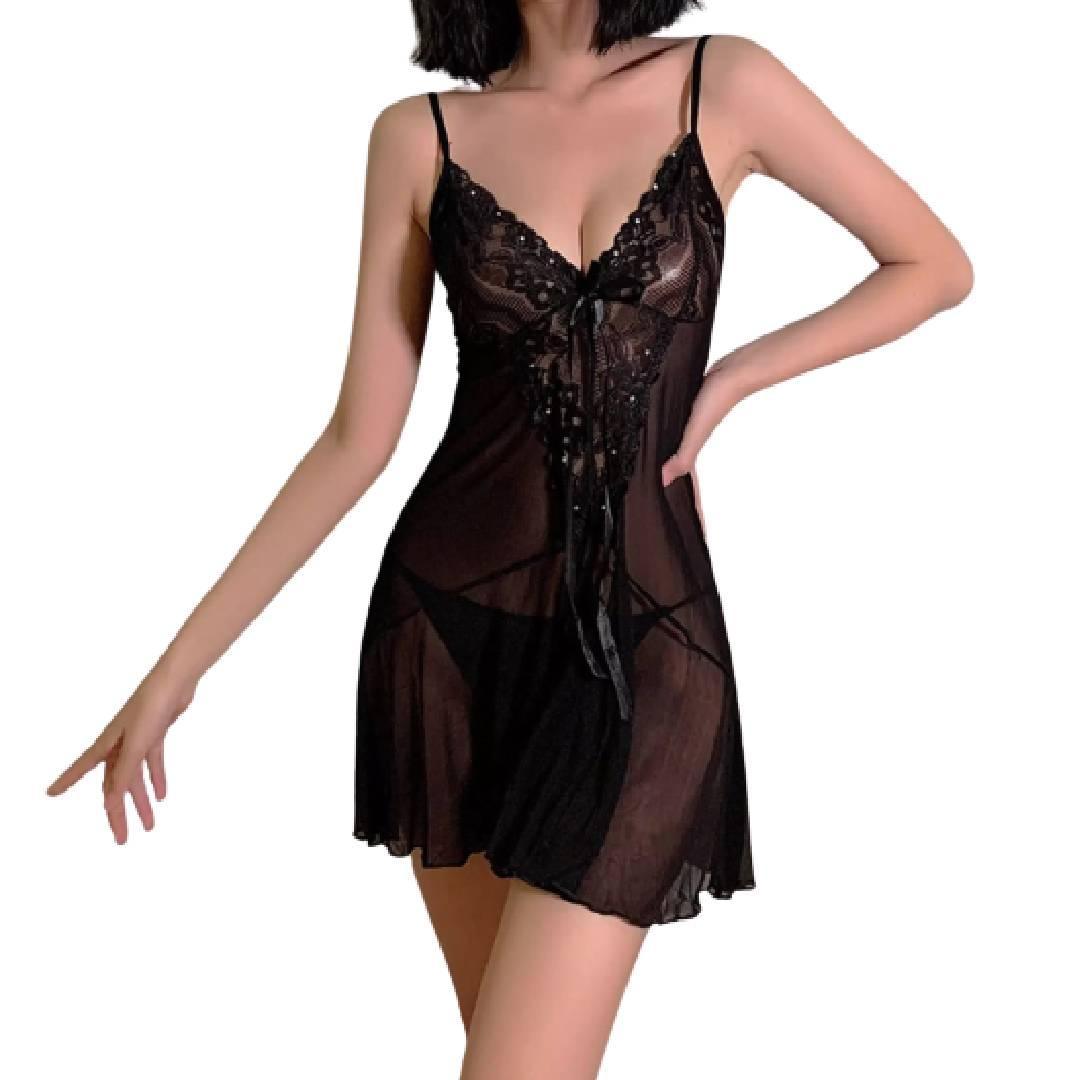 Ladies Short Sexy Nighty 2Pc Beautiful Transparent Black Lace Net Nighty with G Stirng Panty