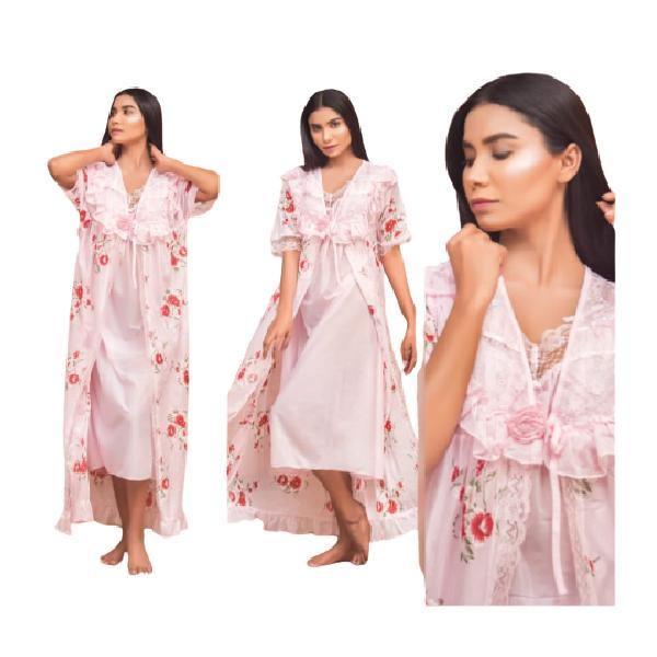 Long Floral Printed Net Gown For Women Set of 2 Pcs