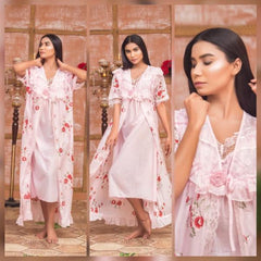 Long Floral Printed Net Gown For Women Set of 2 Pcs