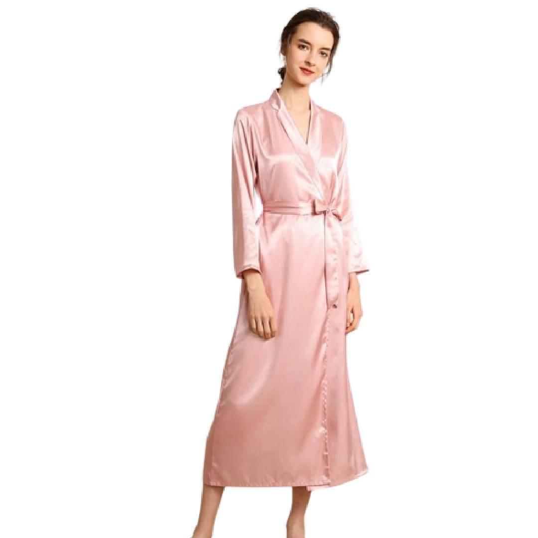 Long Silk Robe Night Gown Bridal Long Night Dress Pink Color Nightwear for Women