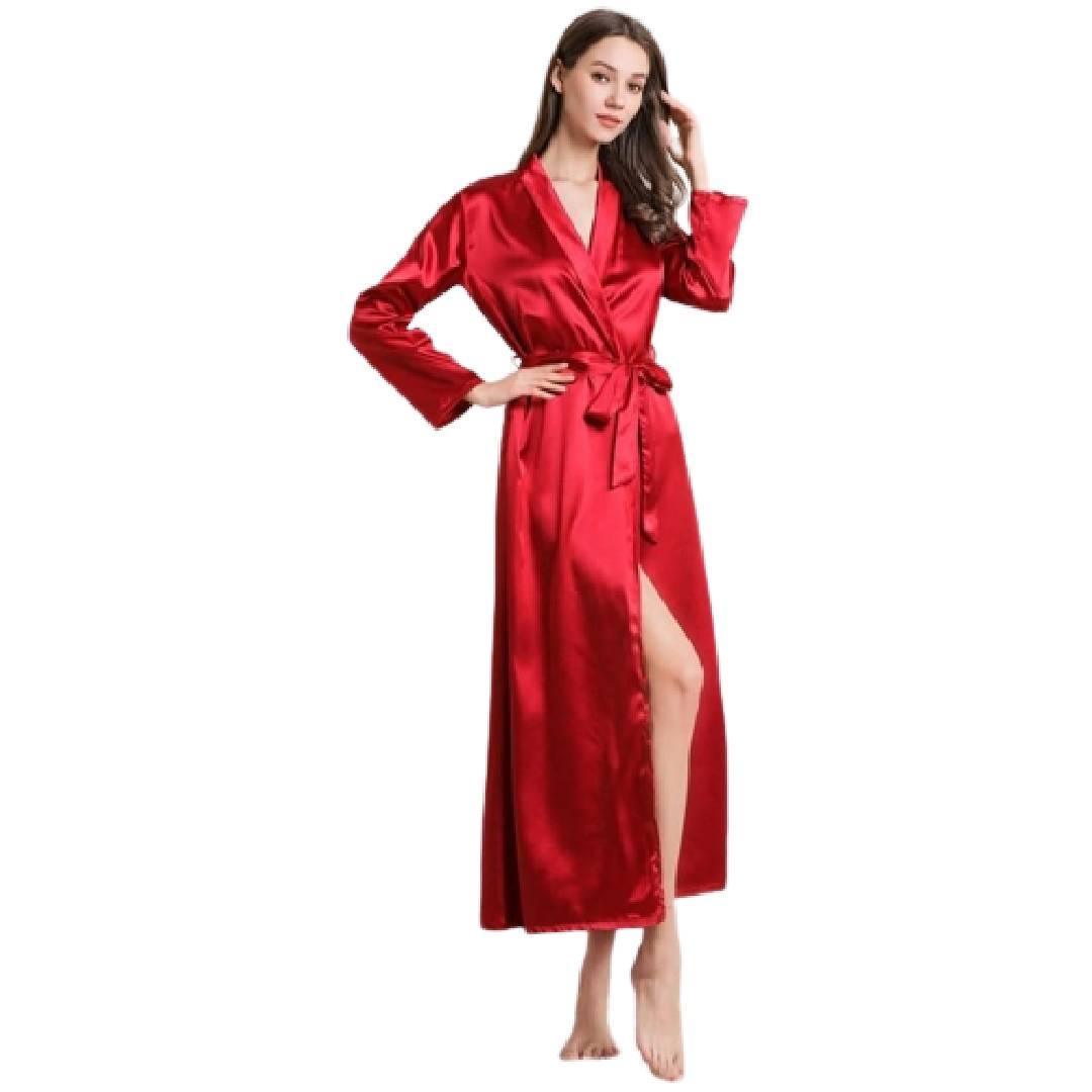 Long Silk Robe Night Gown Bridal Long Night Dress Red Color Nightwear for Women