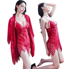 Luxury 3Pc lace sheer robe Gown Set long sleeve belt nightwear lingerie suits