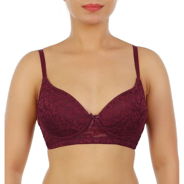 Maroon Color Padded Bra with Lace Light Padded Push-Up Bra with Adjustable  Straps –