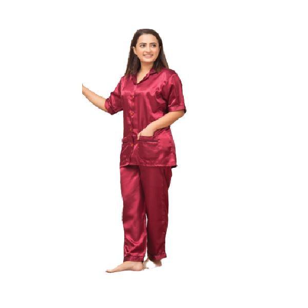 Nighty suit for ladies 2 Pc Plain Silk Night Suit For Women-Maroon