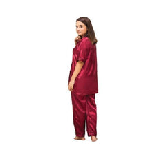 Nighty suit for ladies 2 Pc Plain Silk Night Suit For Women-Maroon