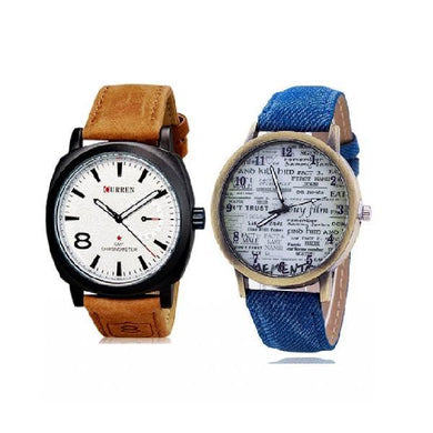 Pack of 2-Curren Leather & Denim Strap Watch for Unisex