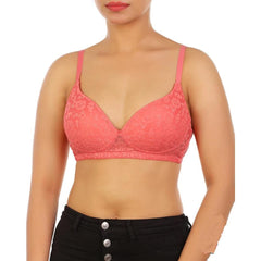 Peach Colors Padded Bra with Lace Light Padded Push-Up Bra with Adjustable Straps For Women
