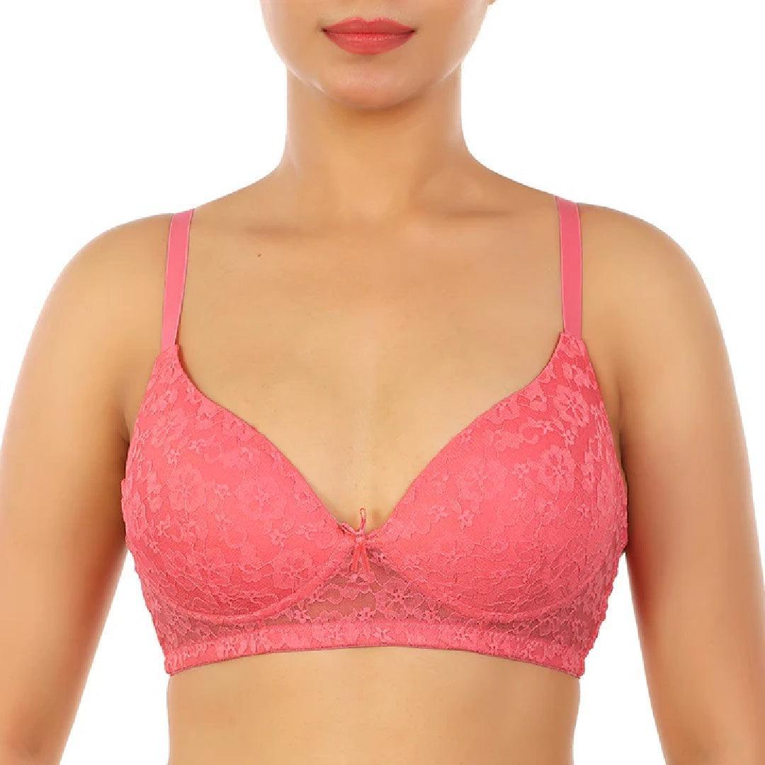 Pink Color Padded Bra with Lace Light Padded Push-Up Bra with Adjustable Straps For Women