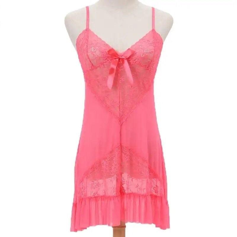 Pink Women Sexy Hot Nighty 2Pc Babydoll transparent Net Gown Ladies Nightwear