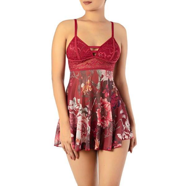 Printed Lace & Mesh Bold Babydoll With G-String | Wedding Nighty for Women- RED