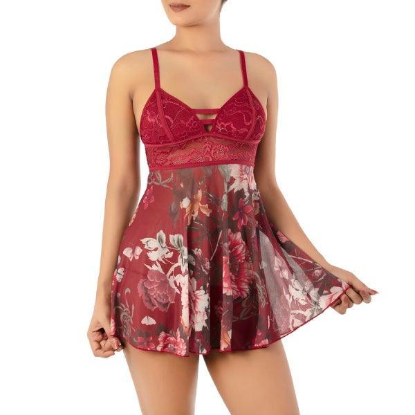 Printed Lace & Mesh Bold Babydoll With G-String | Wedding Nighty for Women- RED