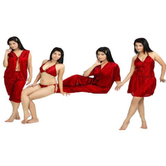 Red Color Bridal 6Pc Stylish Gown Nighty Set | Bridal Nightwear Dress Complete set