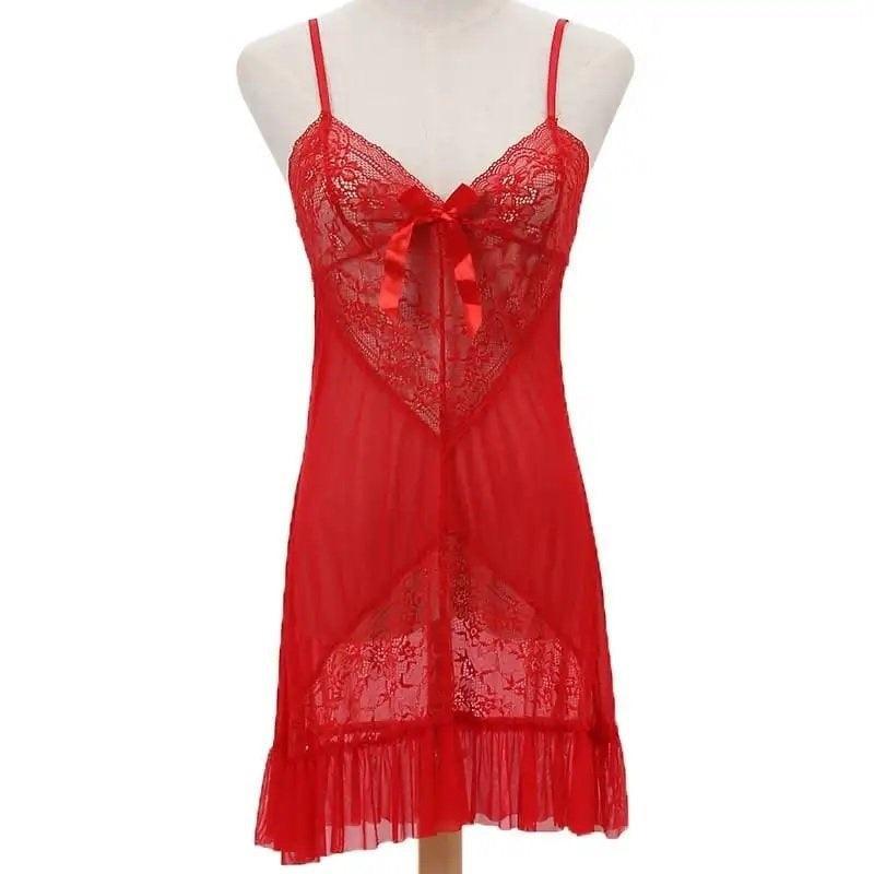 Red Women Sexy Hot Nighty 2Pc Babydoll transparent Net Gown Ladies Nightwear