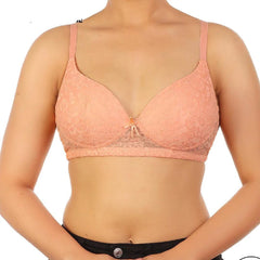 Salmon Color Light Padded Bra with Lace Wire Free Padded Push-Up Bra with Adjustable Straps