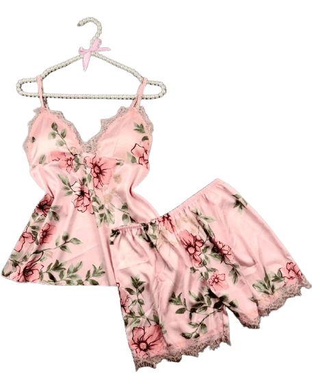 Silk Print Camisole Shorts Bow Set Sleepwear For Women