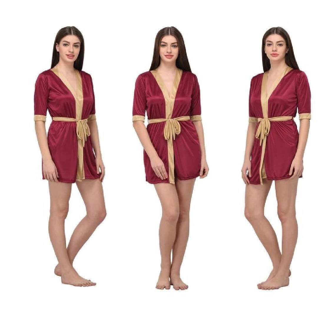 Silk Red Nightwear for Women Short Nightgown with Panty Set Silk Short Taping Night Robe