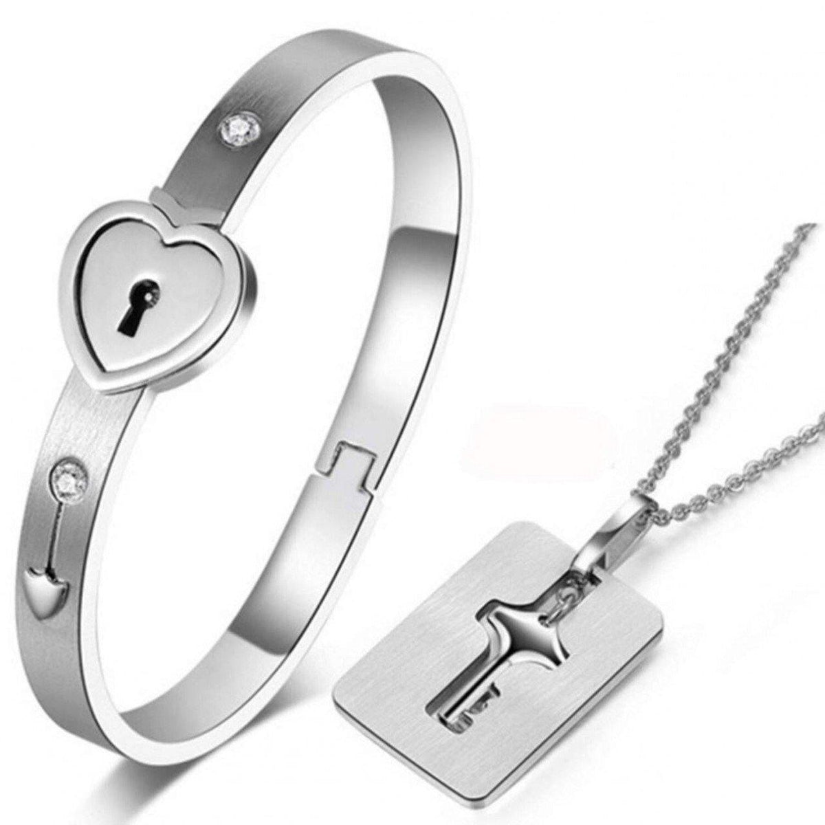 Silver Bracelet Love Heart Lock Bangle Key Pendant Necklace