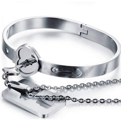 Silver Bracelet Love Heart Lock Bangle Key Pendant Necklace