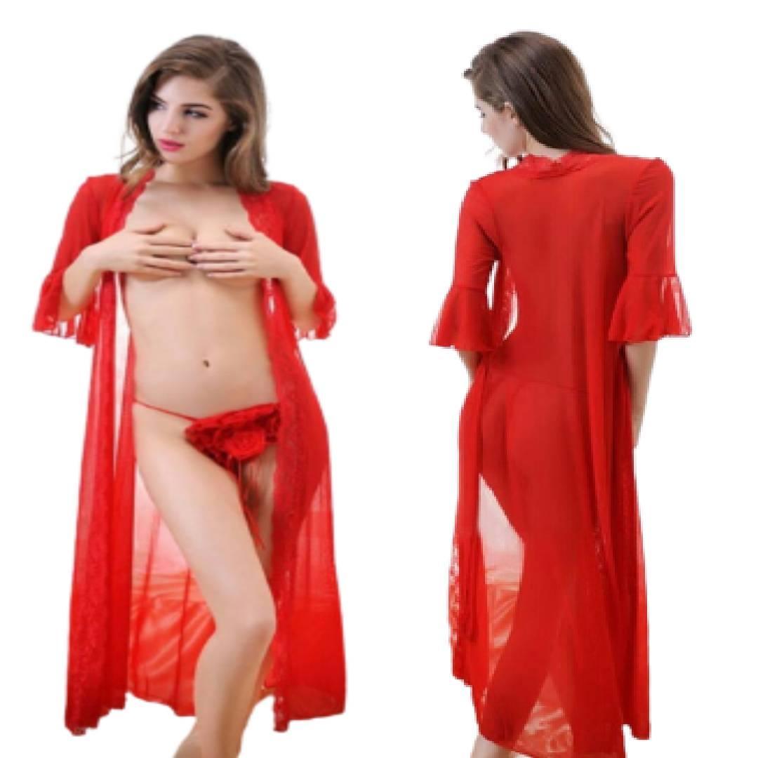 Transparent Red Nighty Women Nightwear 3 Pcs Sexy Nighty Front Open Nighty