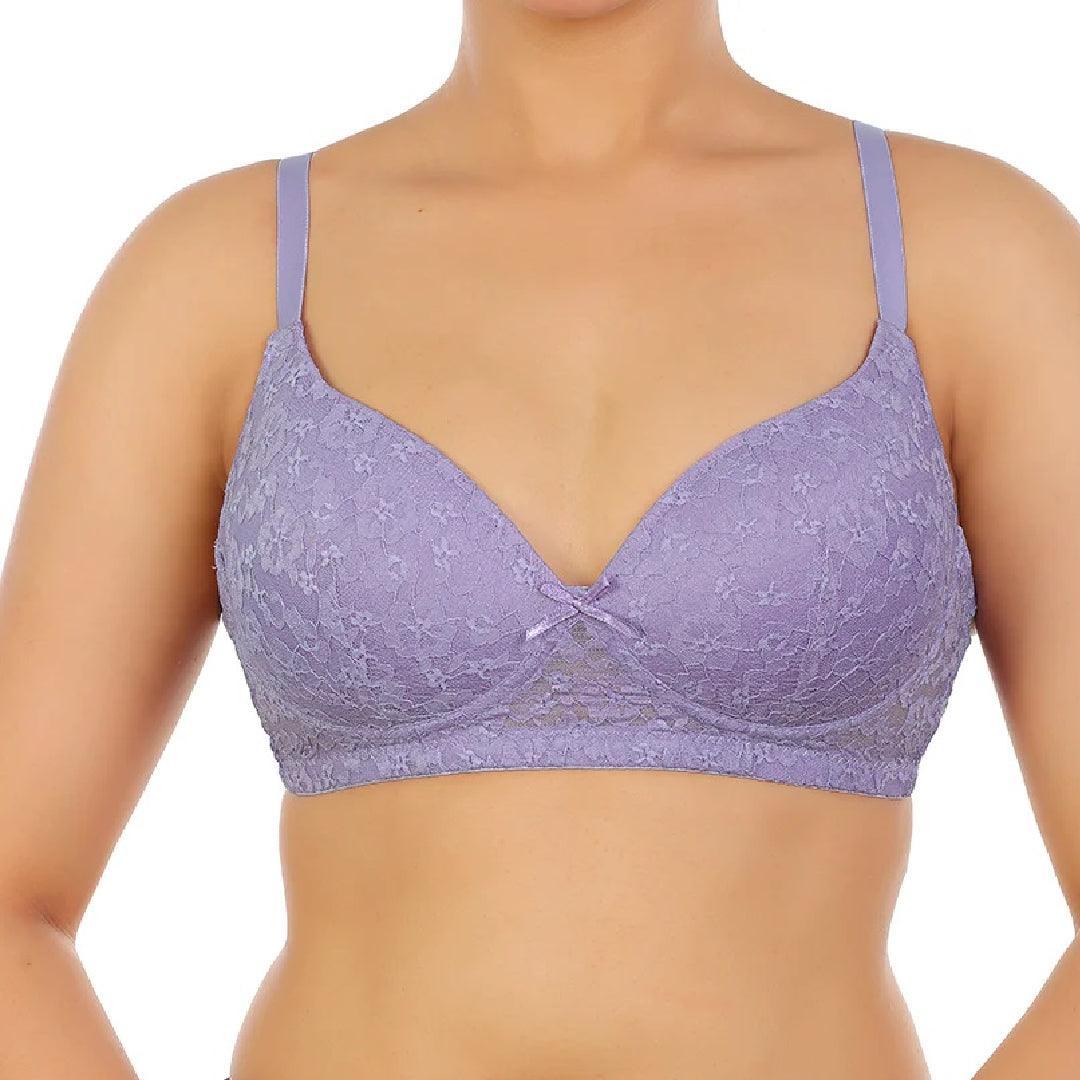 Voilet Tulip Color Light Padded Bra with Lace Wire Free Padded Push-Up Bra with Adjustable Straps